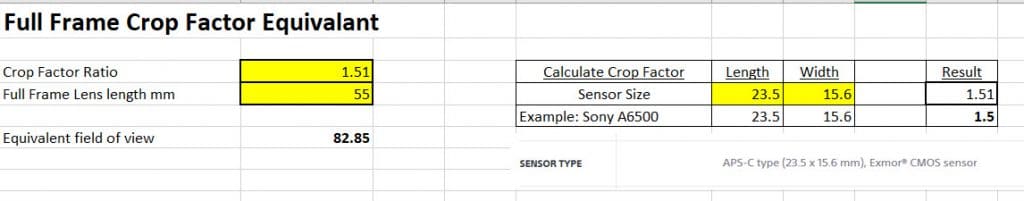 Crop factor calculator in Excel.