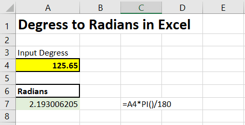 Convert Degrees to Radians in Excel