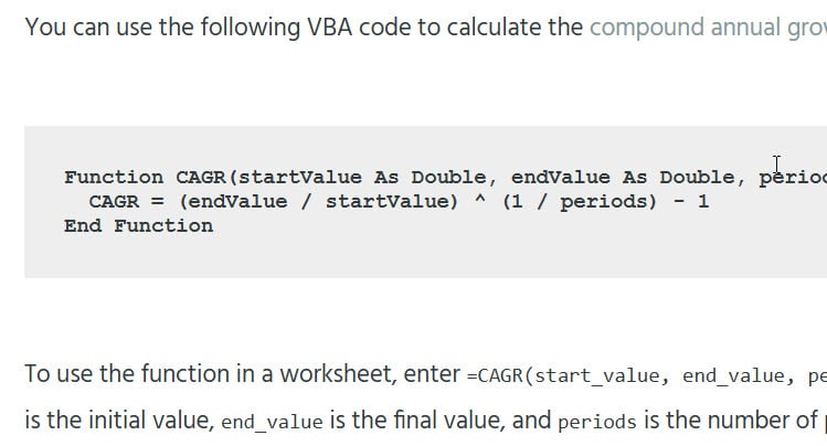 Use VBA code to calculate Compound Annual Growth Rate